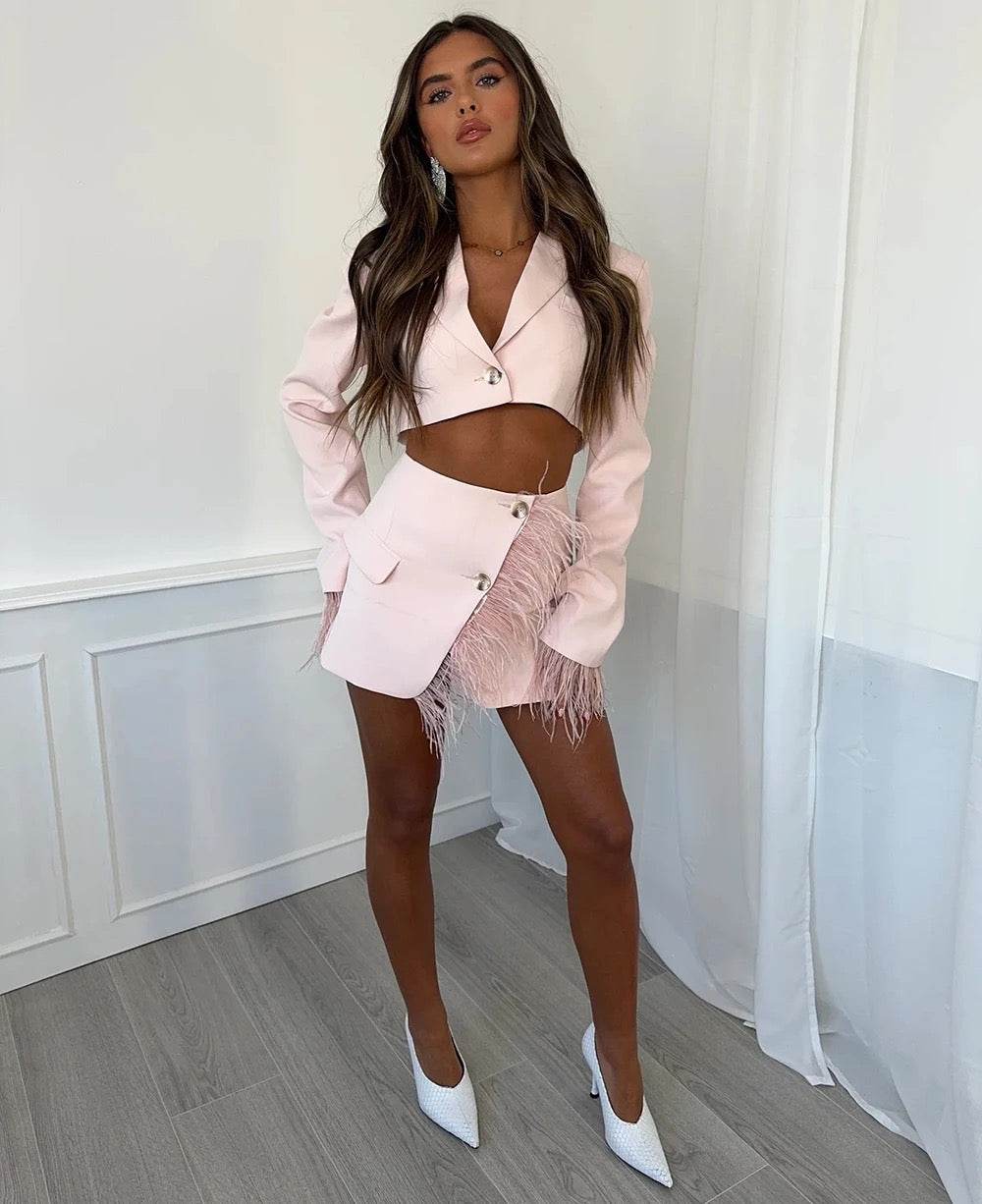 Feather Two piece Set Long sleeved Suit - REBECATHELABEL