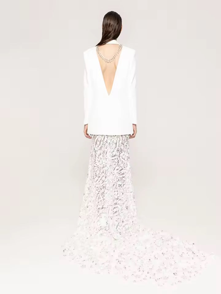 Diamond Backless Blazer Sequin See Through Lace Skirt set