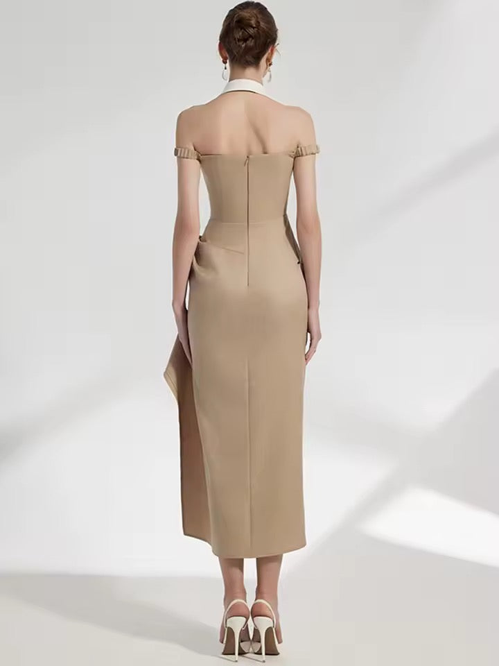 Halter Lapel Contrast Color Irregular Pleated dress