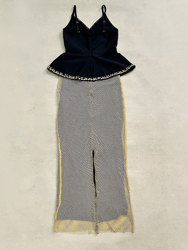 Black-Gold Spaghetti Strap Two-Piece Maxi Dress