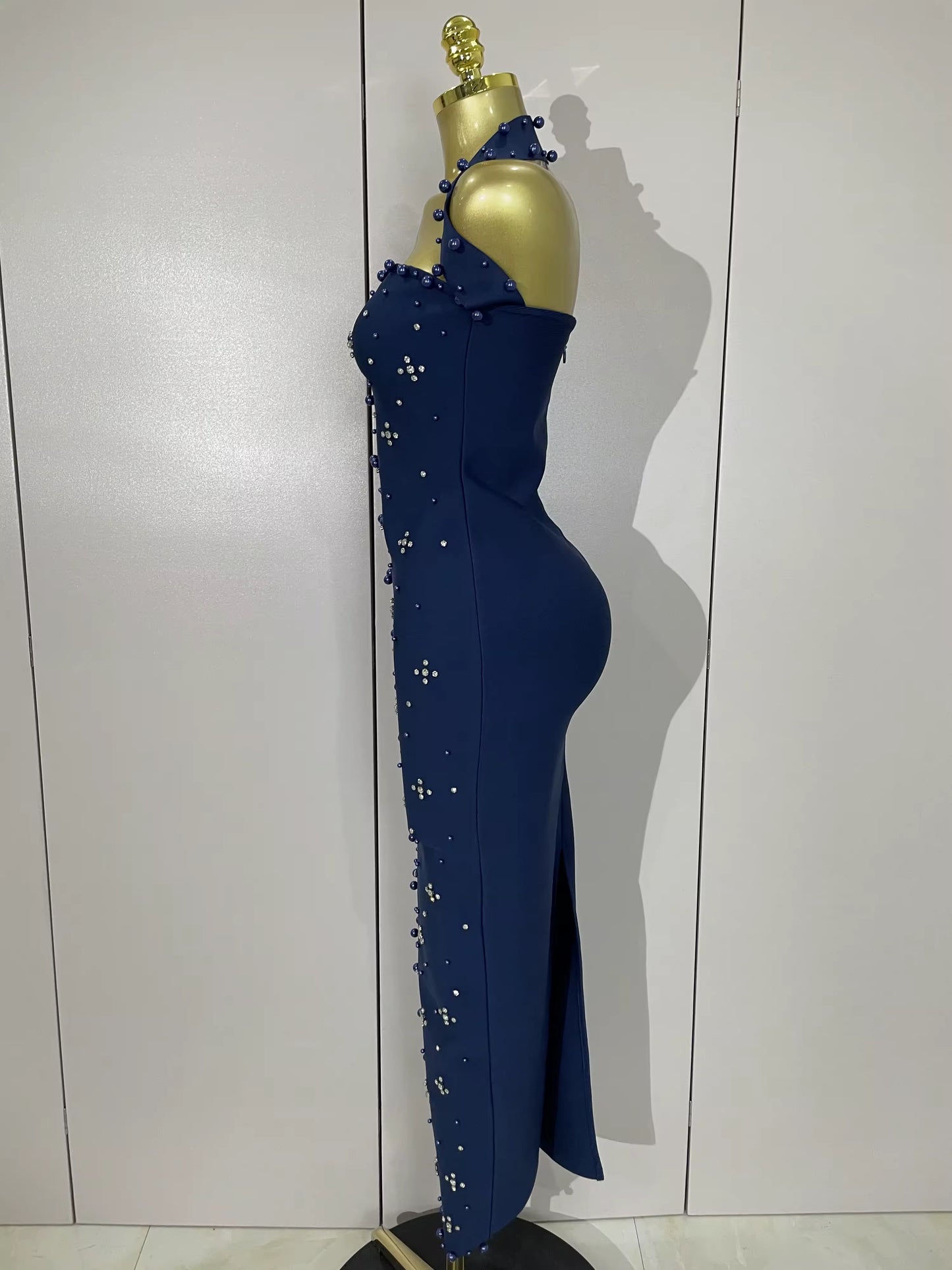 Sparkly Rhinestone Pearl Sleeveless Bodycon Bandage Long Dress