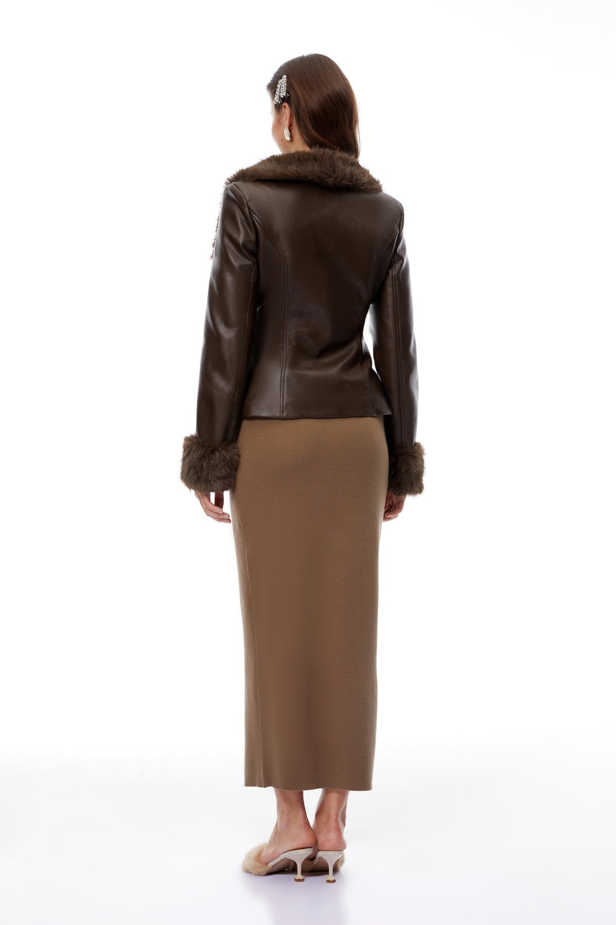 Brown Fur Panel Leather Biker Jacket