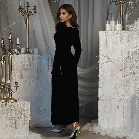 Velvet Bell Sleeve Square Collar A line Dress - REBECATHELABEL