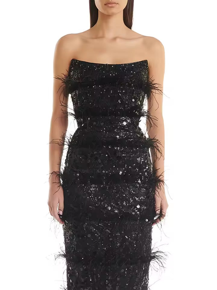 Sleeveless Feather Strapless Backless Sequin Maxi Dress