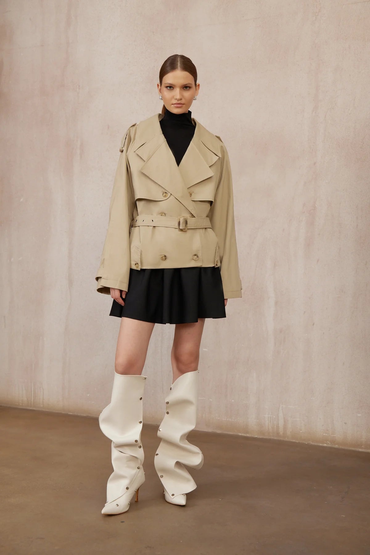 Khaki Double-Breasted Short Trench Coat