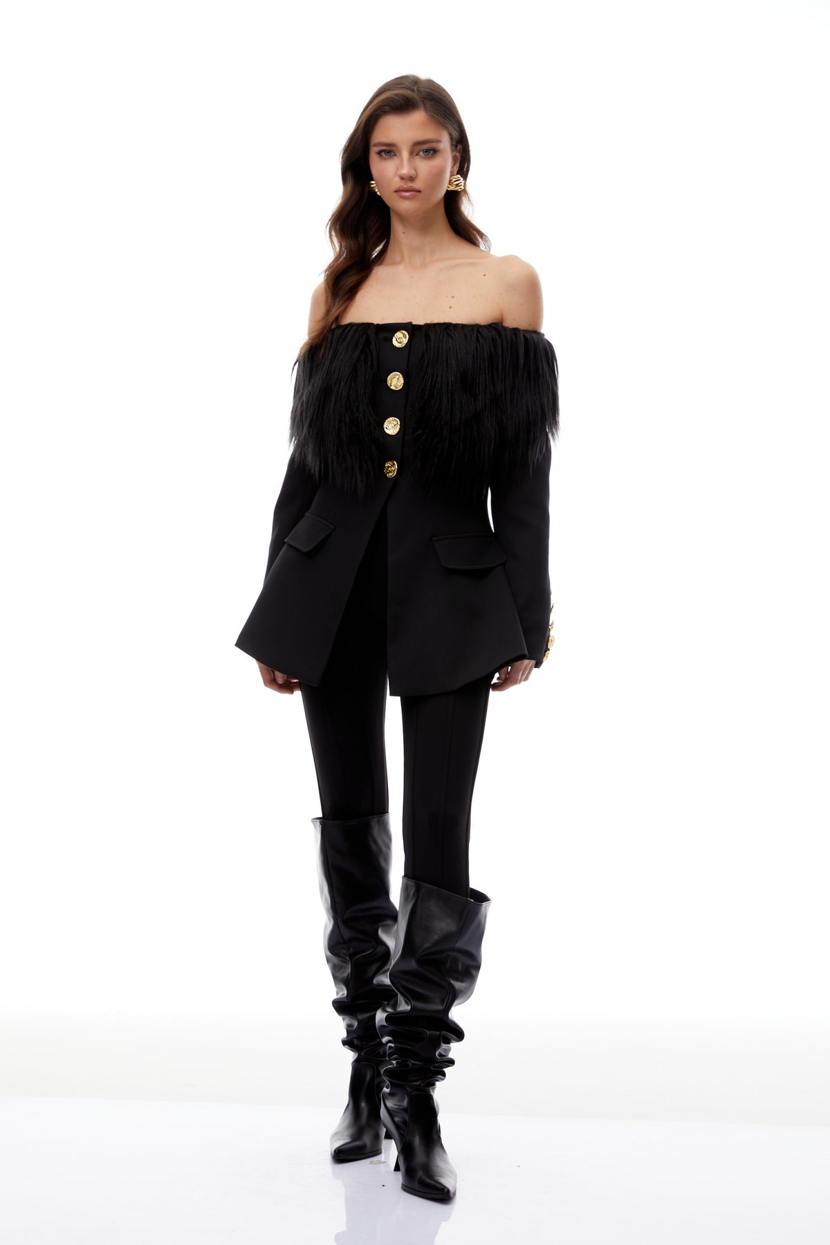 Black Off Shoulder Fur Trim Blazer