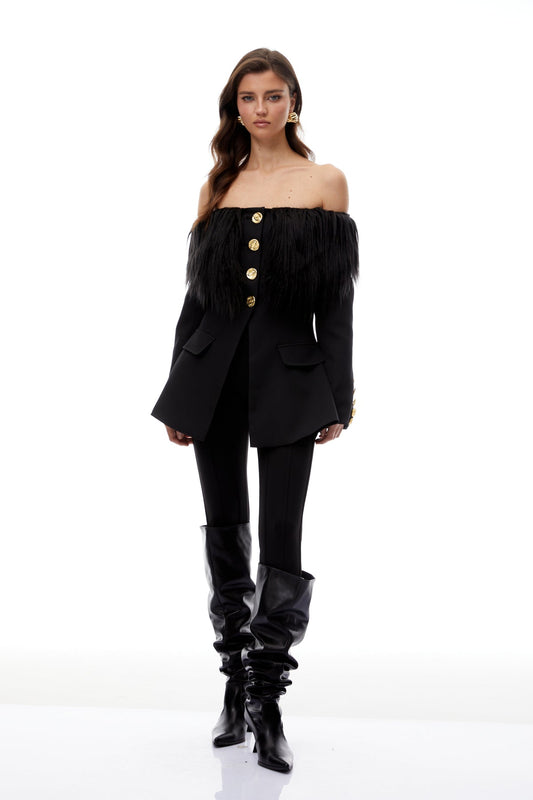 Black Off Shoulder Fur Trim Blazer