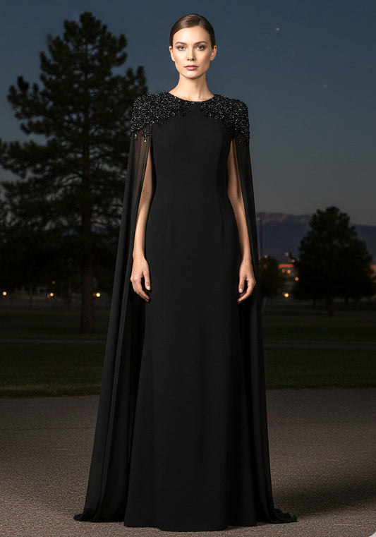 Cape Sleeve Crystal Shoulder Maxi Dress