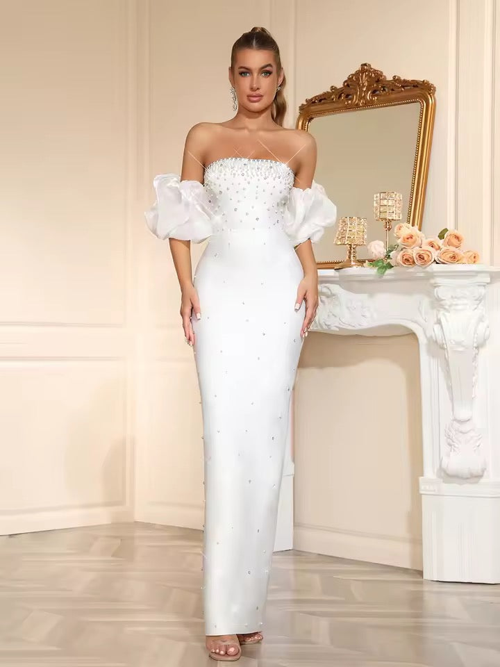 Strapless Diamond Maxi Long Bodycon Bandage Dress With Bubble Sleeves