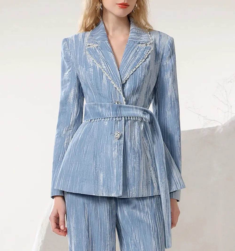 Velvet Set Loose Retro Suit Coat and Wide Pants Belt Set - REBECATHELABEL