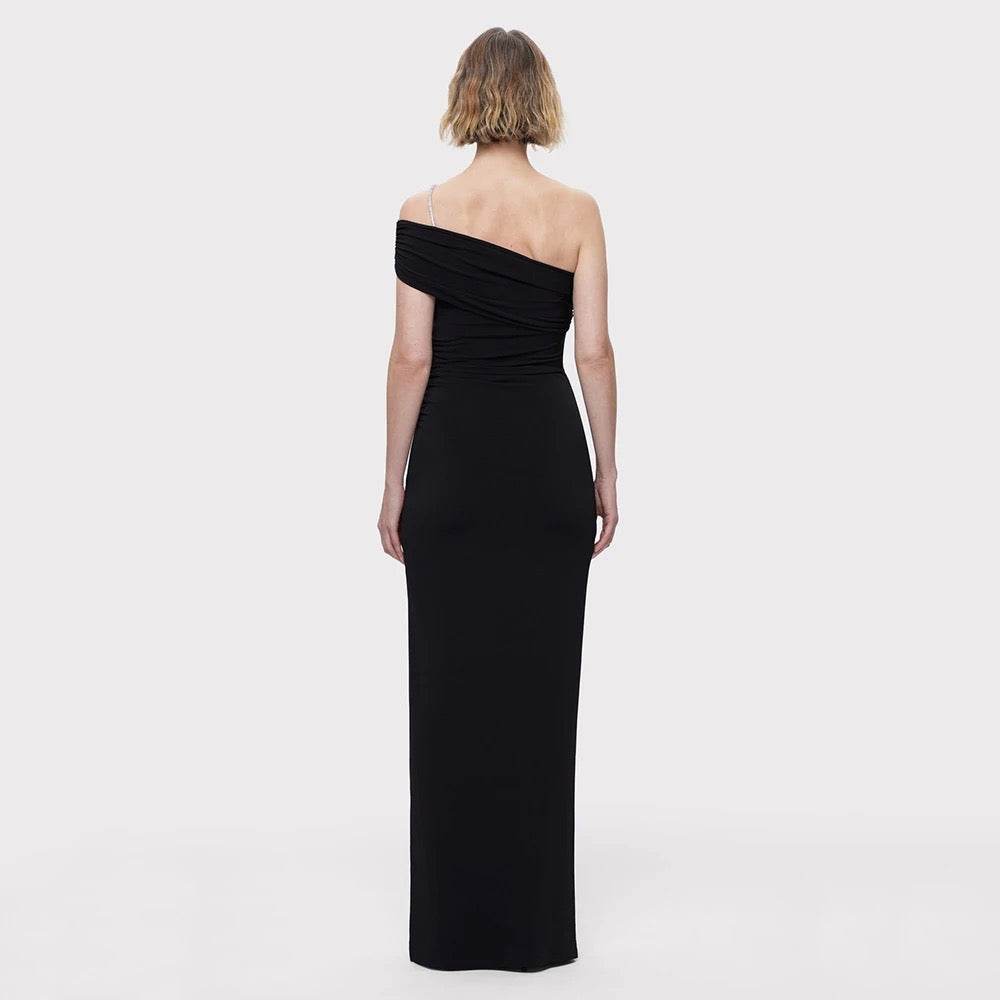 One Shoulder Tight Asymmetric Wrinkle Maxi Bandage Dress - REBECATHELABEL