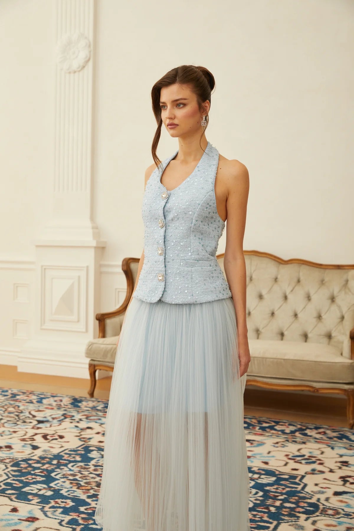 Blue Tweed Waistcoat & Tulle Skirt Set