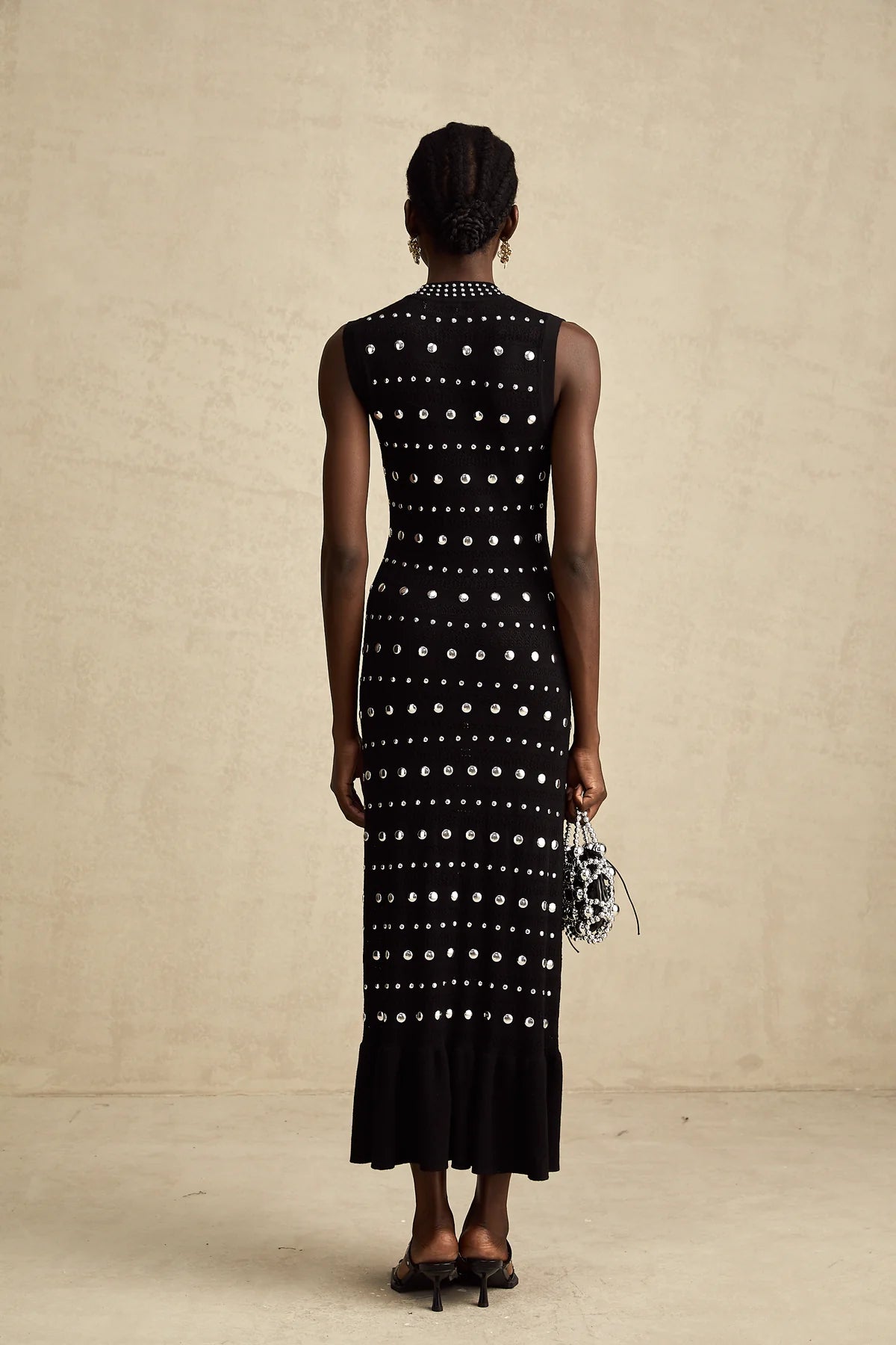studded crochet-knit maxi dress in Black