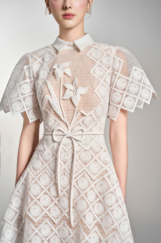 White Floral-embroidered Midi Dress