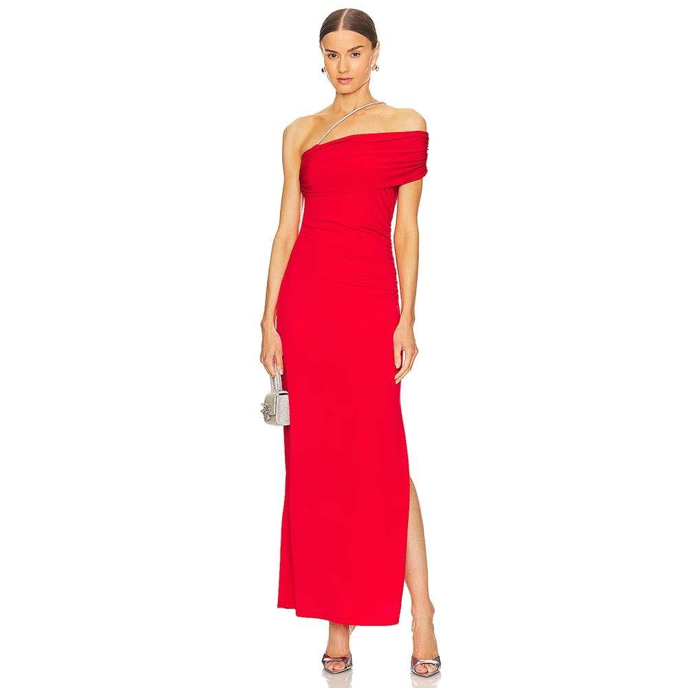 One Shoulder Tight Asymmetric Wrinkle Maxi Bandage Dress - REBECATHELABEL