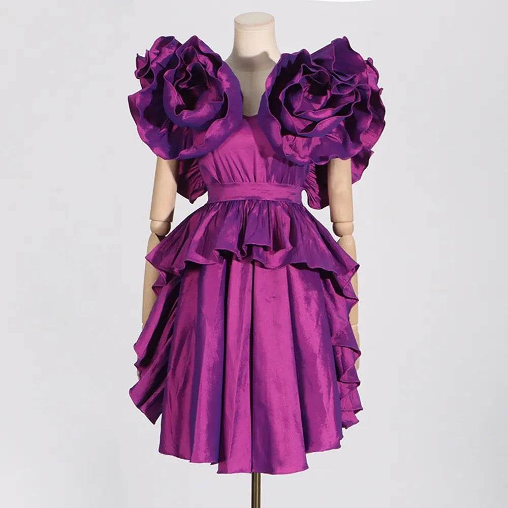 Purple Ruffle Edge V-neck Sexy Ruffle Edge Satin Mini Dress - REBECATHELABEL