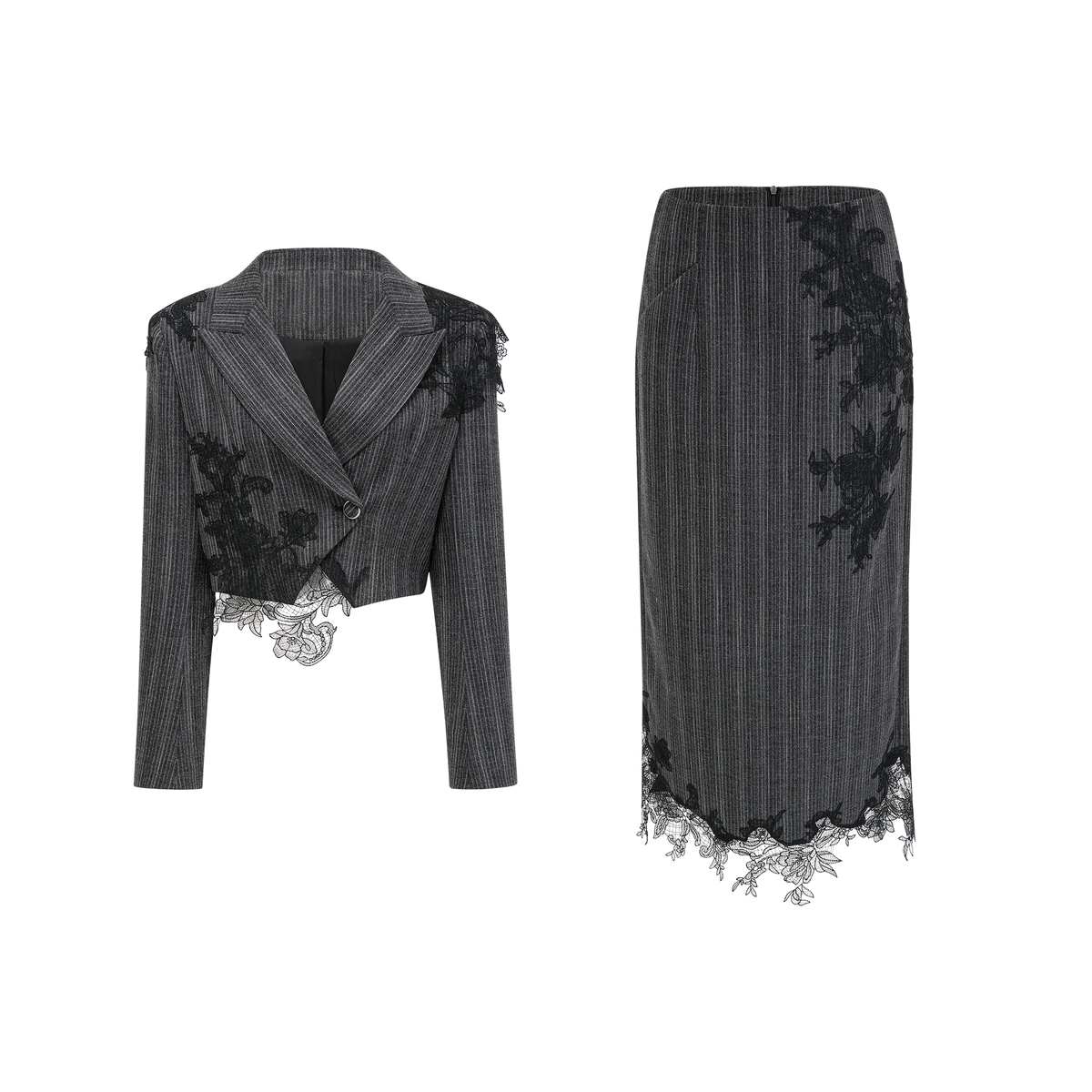 Grey Floral Appliqué Striped Blazer & Skirt Set