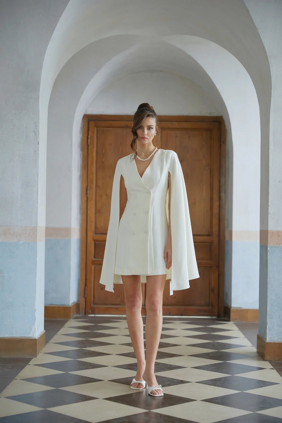 Neutral Cape Design Mini Blazer Dress