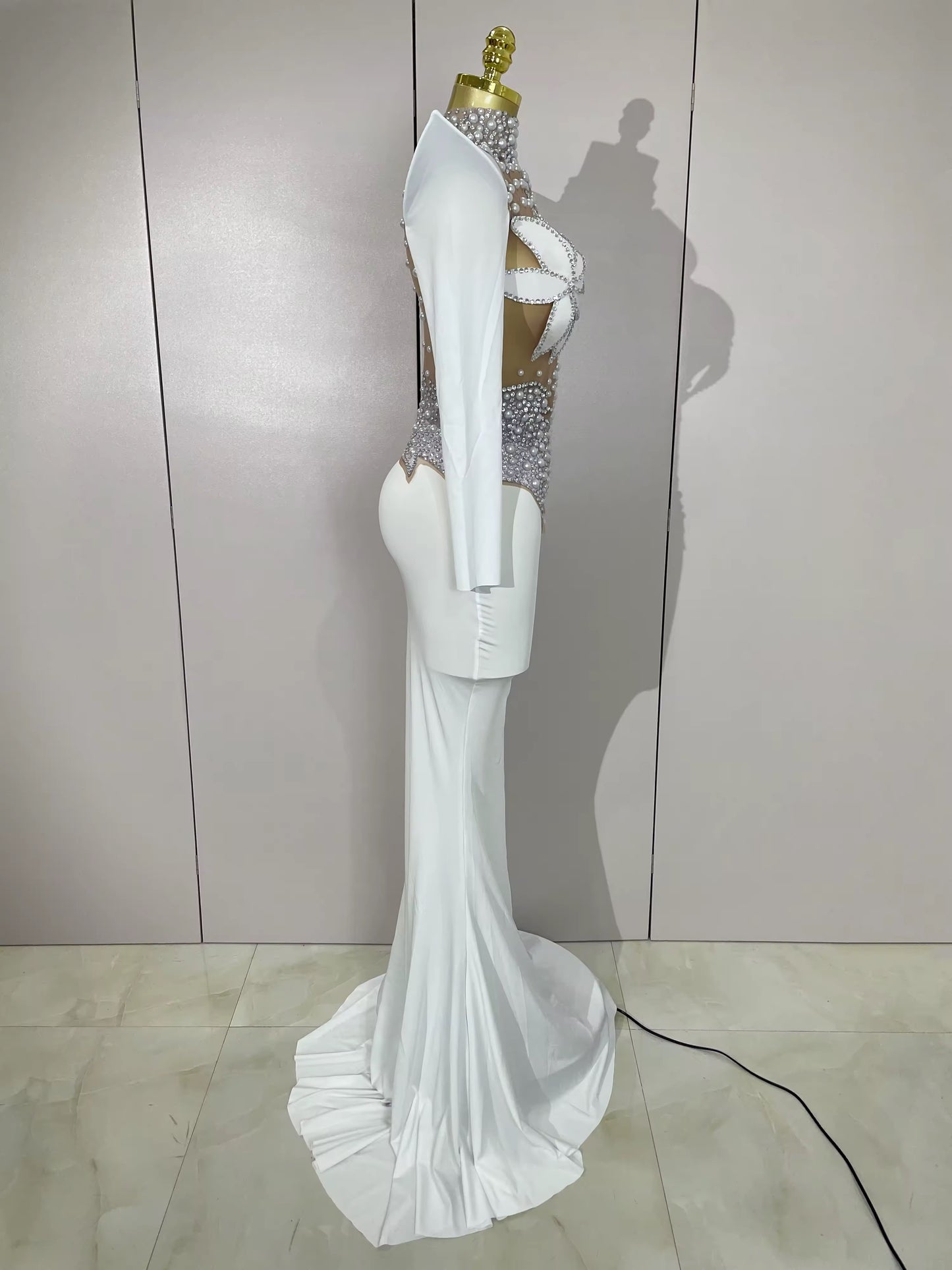 Sparkly Diamonds Pearl Black Sexy See Through Mesh Long Dress