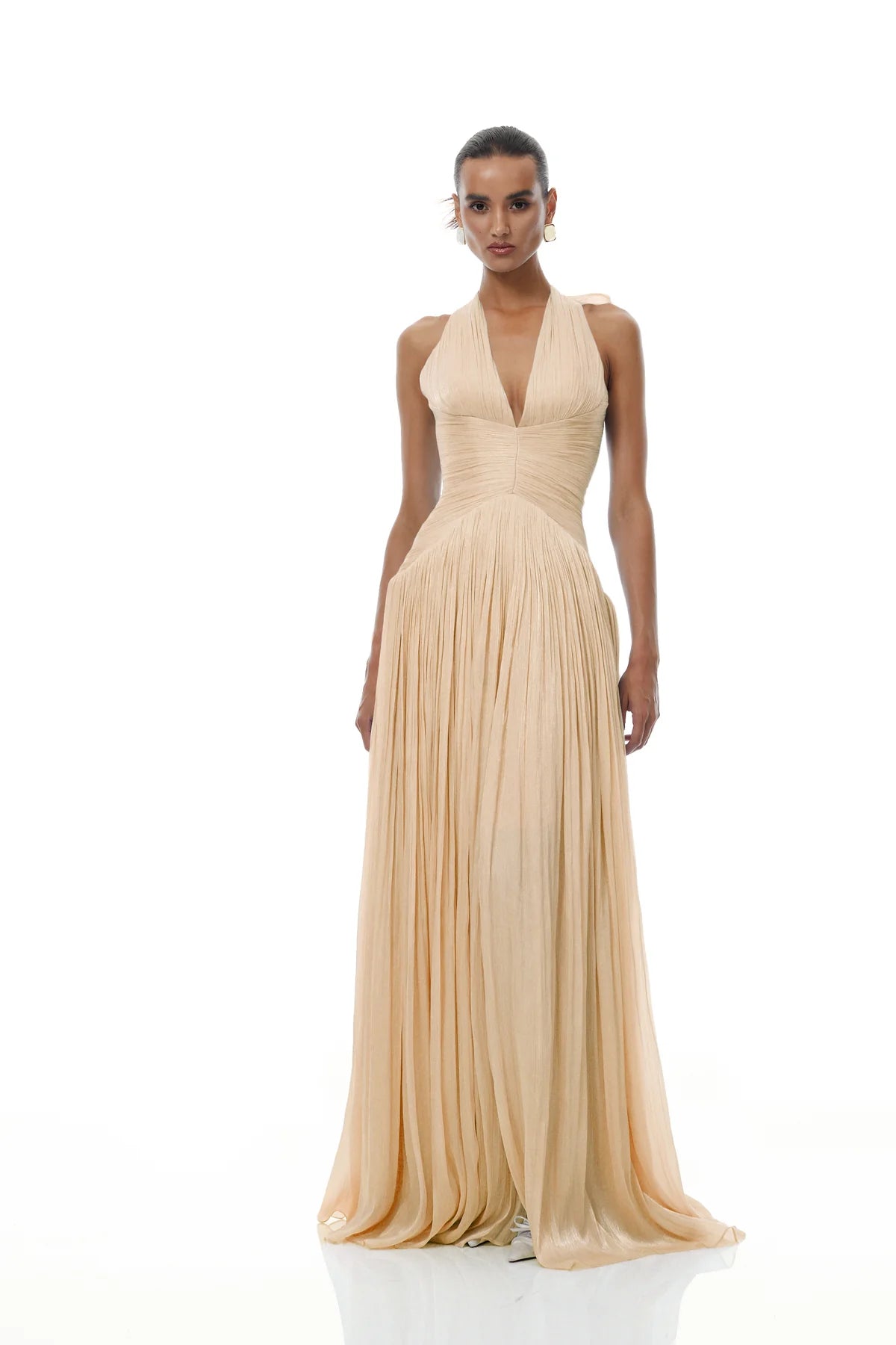 Neutral Glossy Gathered Maxi Dress