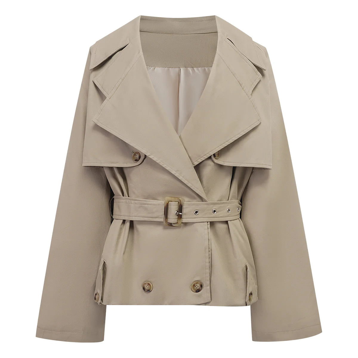 Khaki Double-Breasted Short Trench Coat