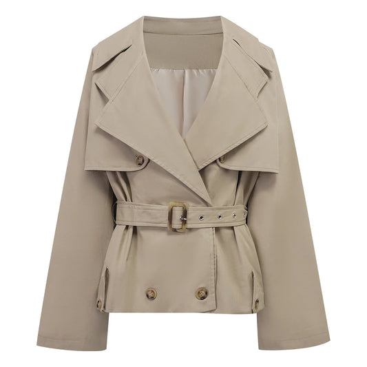 Khaki Double-Breasted Short Trench Coat
