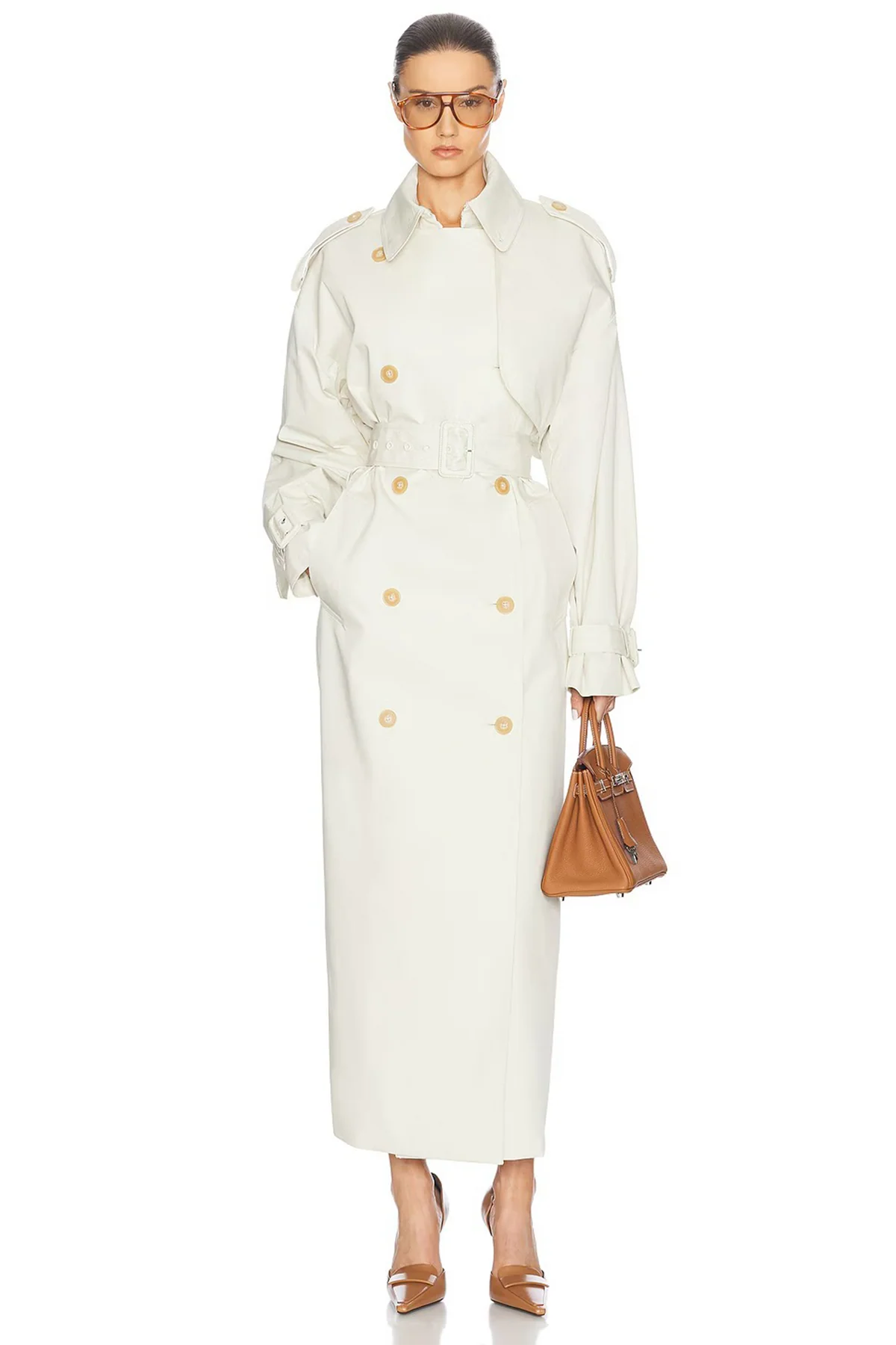 White Double-Breasted Long Trench Coat