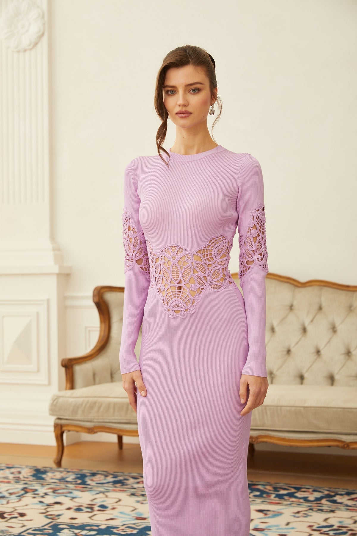 Purple Lace Panel Ribbed Knit Maxi Dress