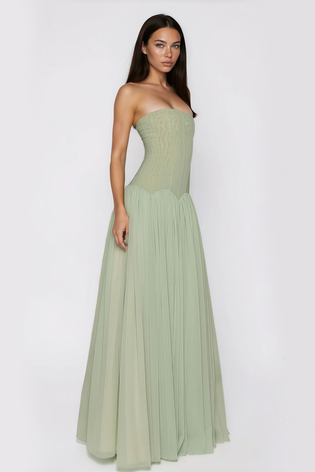 Green Off Shoulder Pleated Maxi Dress