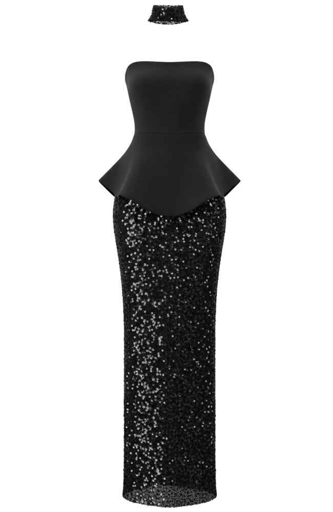 Strapless Peplum Sequin Two Piece Maxi Dress Black