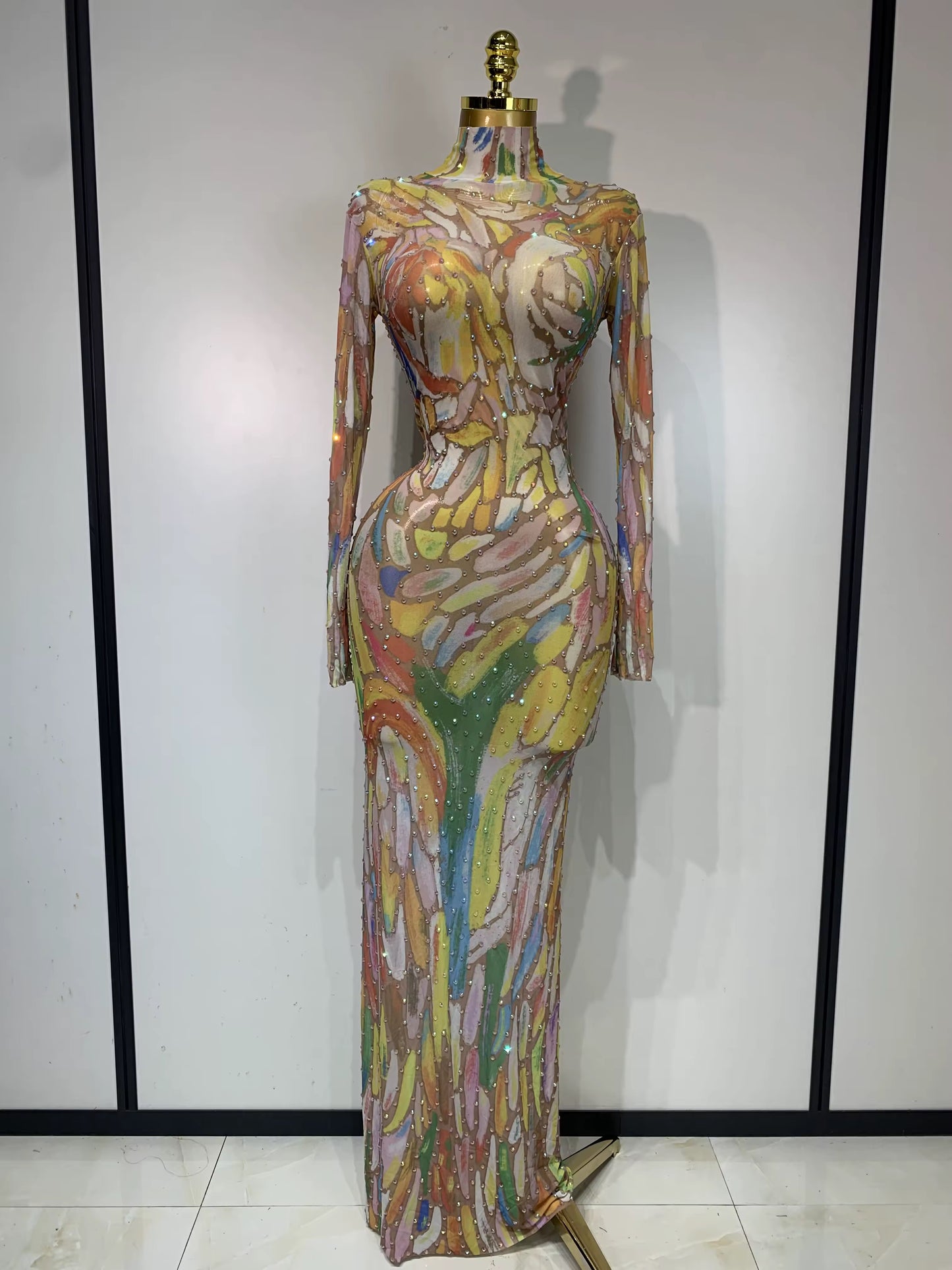 Sparkly Rhinestone Stretchy Mesh See Through dress