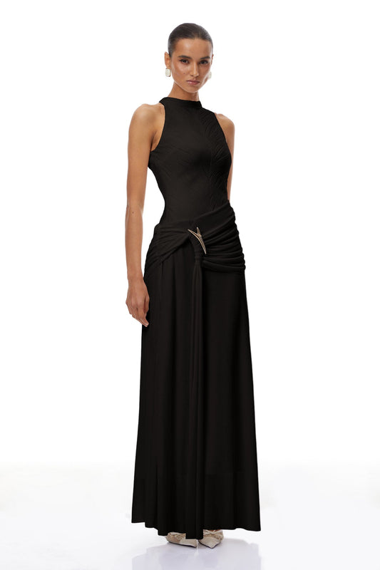 Black Ruched Ribbon Textured Maxi Dress
