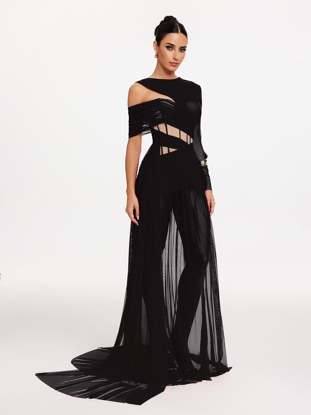Corset Cutout Mesh Maxi Dress In Black