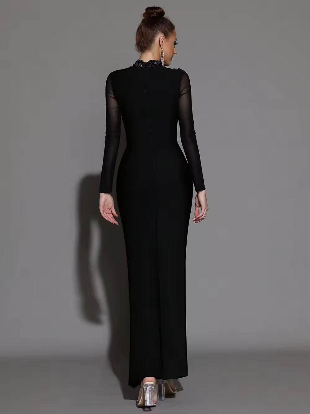 Black Long Sleeves Turtleneck Beaded Mesh Bandage Dress - REBECATHELABEL