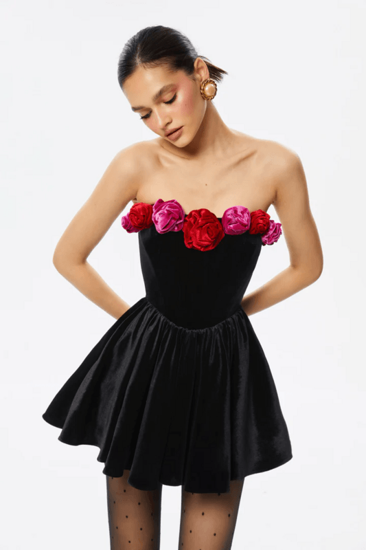Shoulder Less Backless Black 3D Floral Velvet Mini Dress - REBECATHELABEL