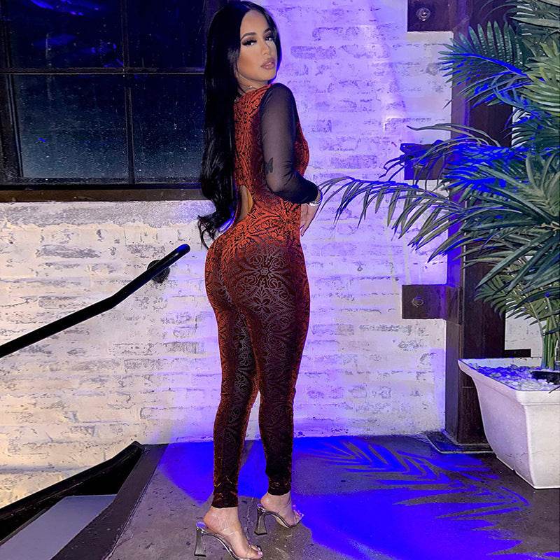 Mesh Long Sleeve U Neck Hollow Out Cutout Sexy jumpsuit - REBECATHELABEL