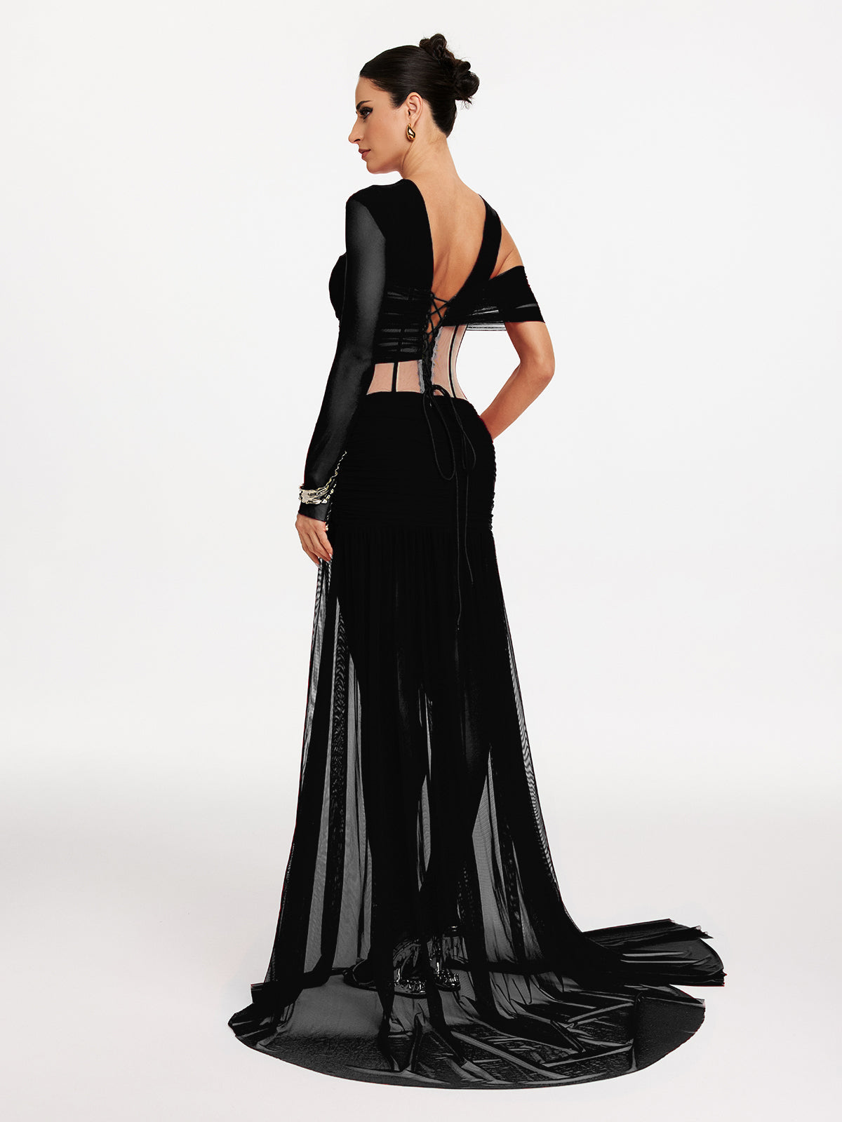 Corset Cutout Mesh Maxi Dress In Black