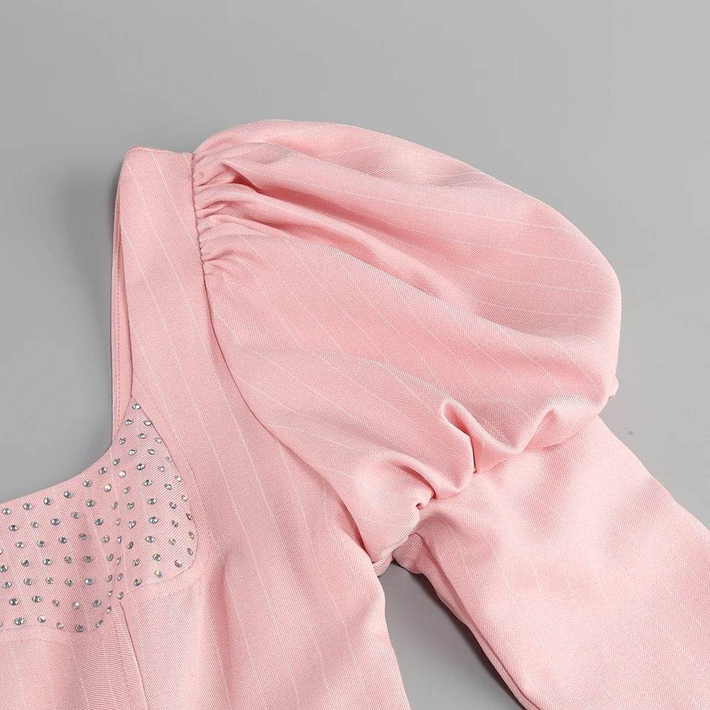 Pink Stripe A-line Diamond Sequins Long sleeved Sexy Mini Dress - REBECATHELABEL