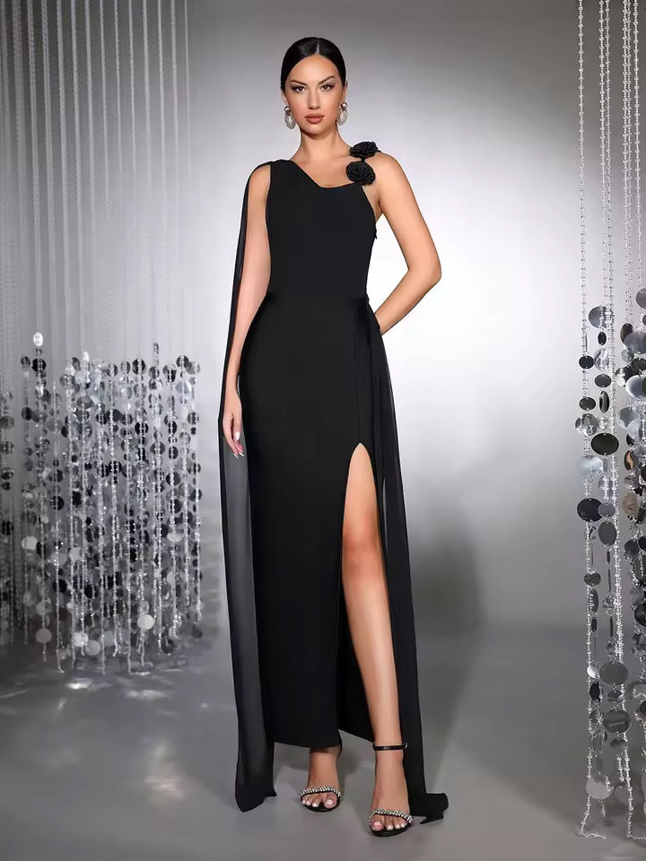 Black 3D Flower Sleeveless Tight Bandage Long Maxi Dress