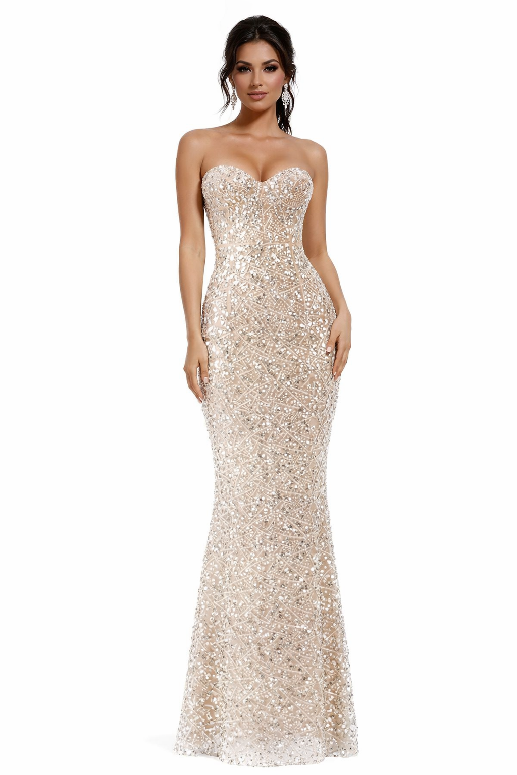 Embellished Strapless Bustier Maxi Dress Nude