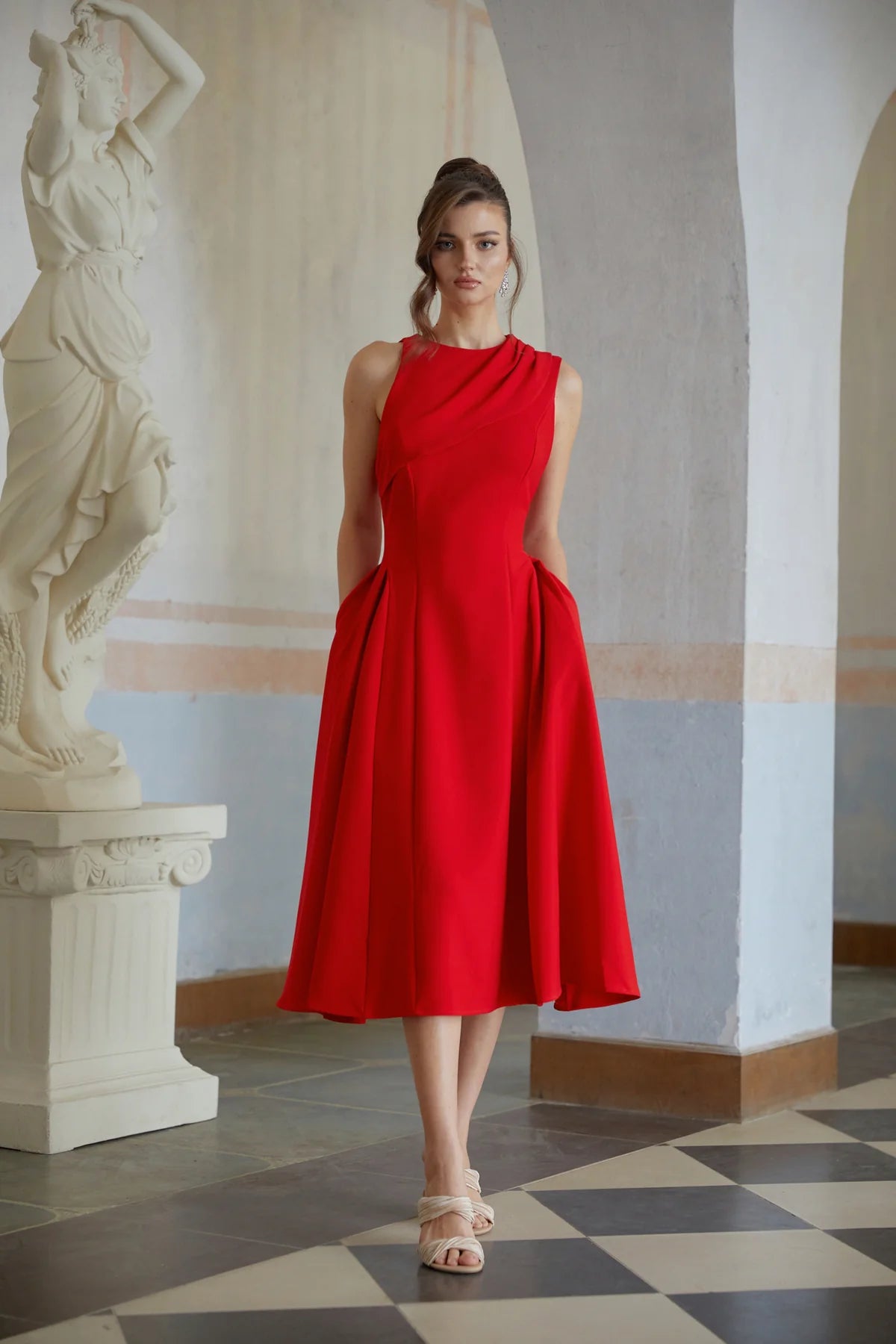 Red Shawl Collar Shirred Midi Dress
