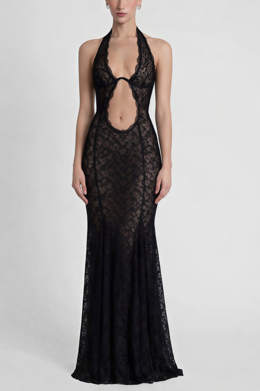 Black Halterneck Floral Lace Maxi Dress