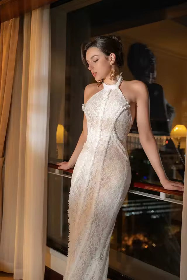 Backless lace-up Bridal Halter Sleeveless Gown dress