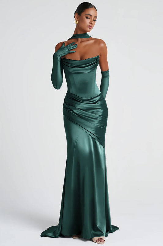 Green Ruched Satin Maxi Dress