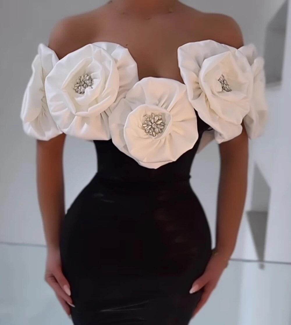 Off Shoulder 3D Flower Design Tight Long Bandage Dress - REBECATHELABEL