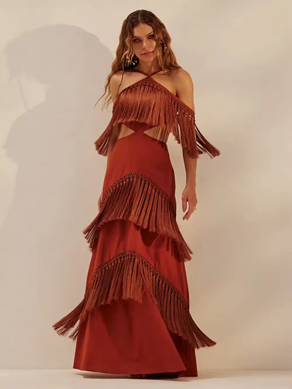 Tassels Solid Maxi Dress Sexy Halter Spaghetti Lady Long Dress