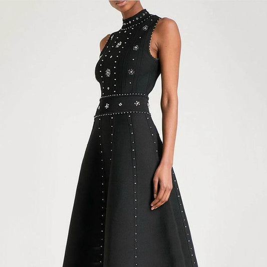 Black A-line Round Neck Sleeveless Beaded Knitted Elastic Midi dress - REBECATHELABEL