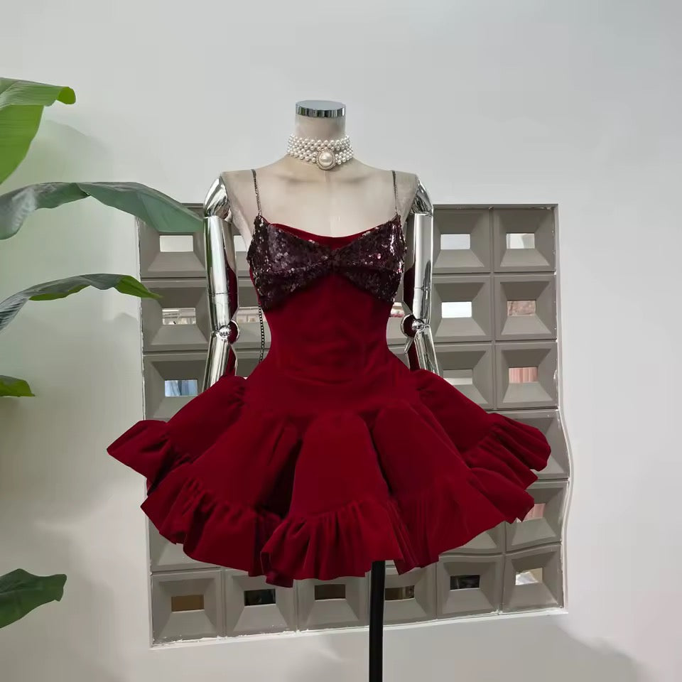 Spaghetti Sequin Velvet Mini Dress