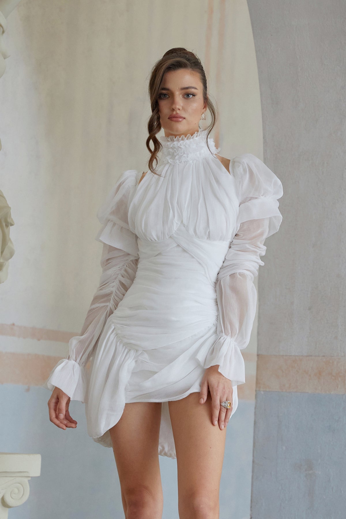 White Asymmetrical Ruched Mini Dress