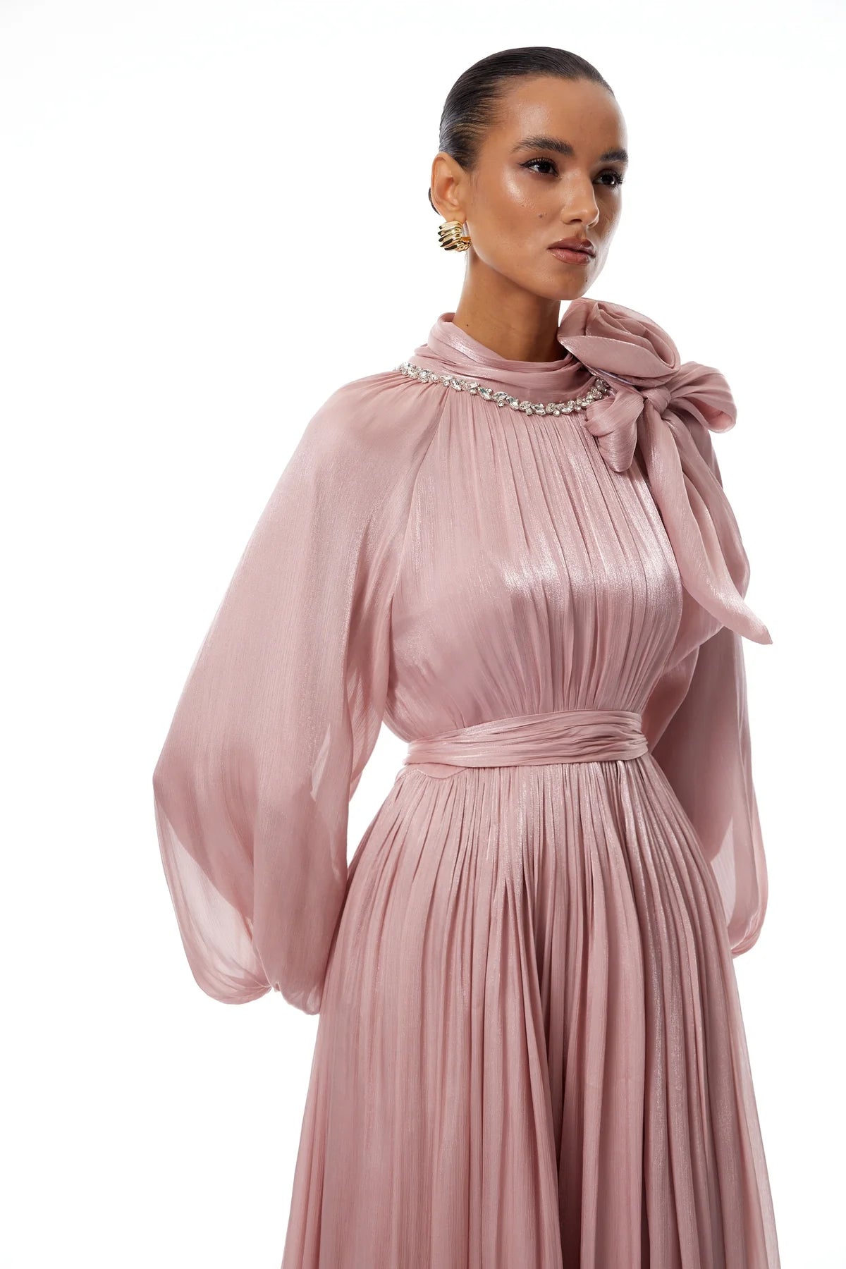 Pink Floral Pleated Glossy Maxi Dress